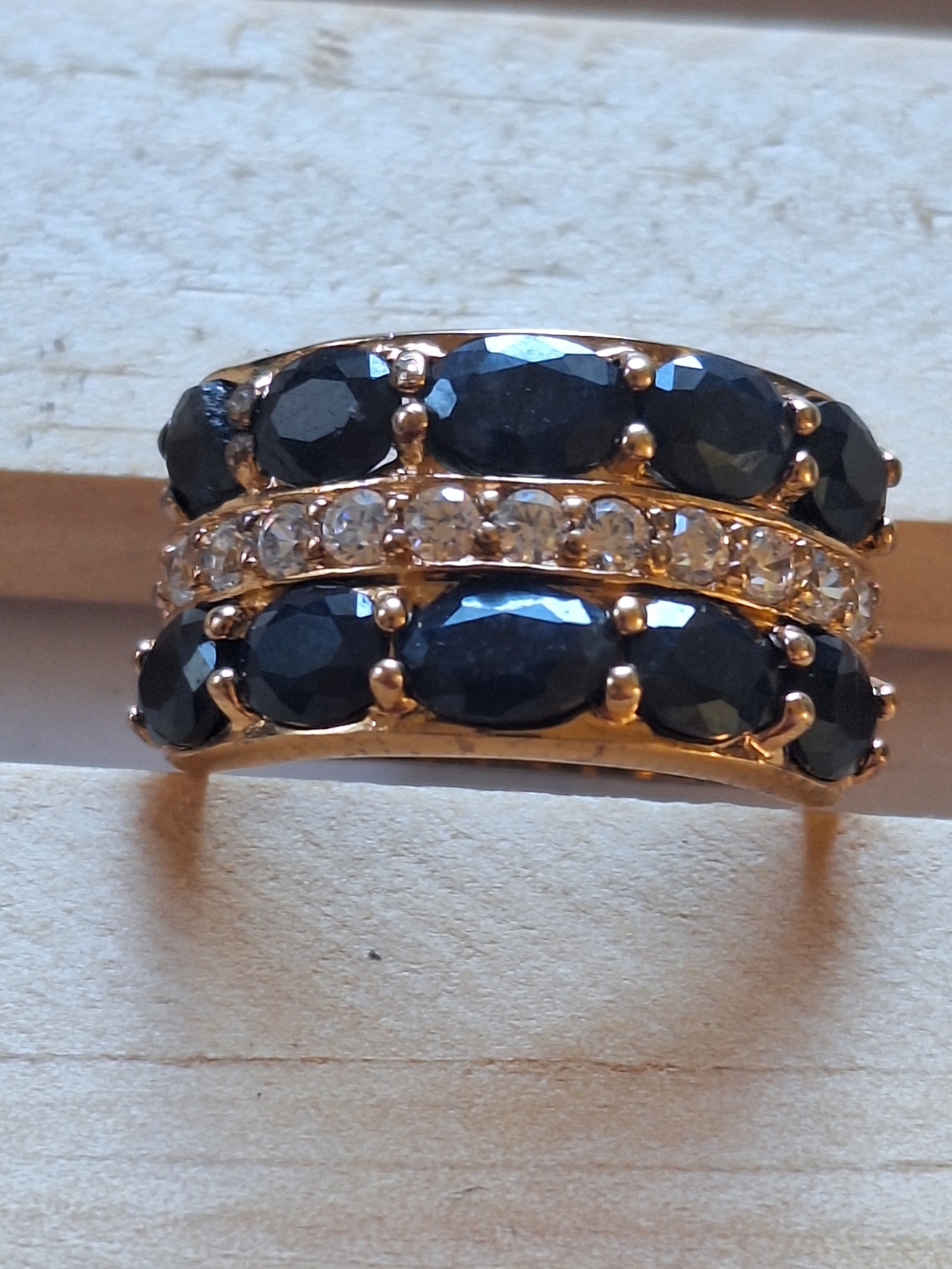Gold-Plated Black Crystal and Clear Stone Statement Ring